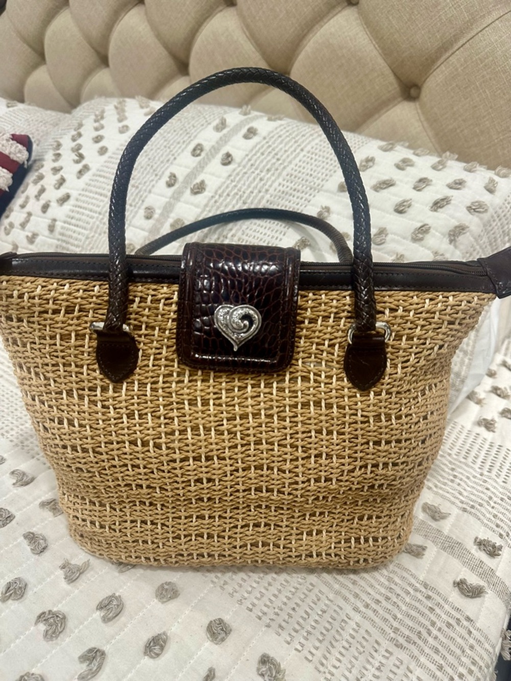 Brighton Woven Straw Tote with Dark Brown Trim and Heart Accent